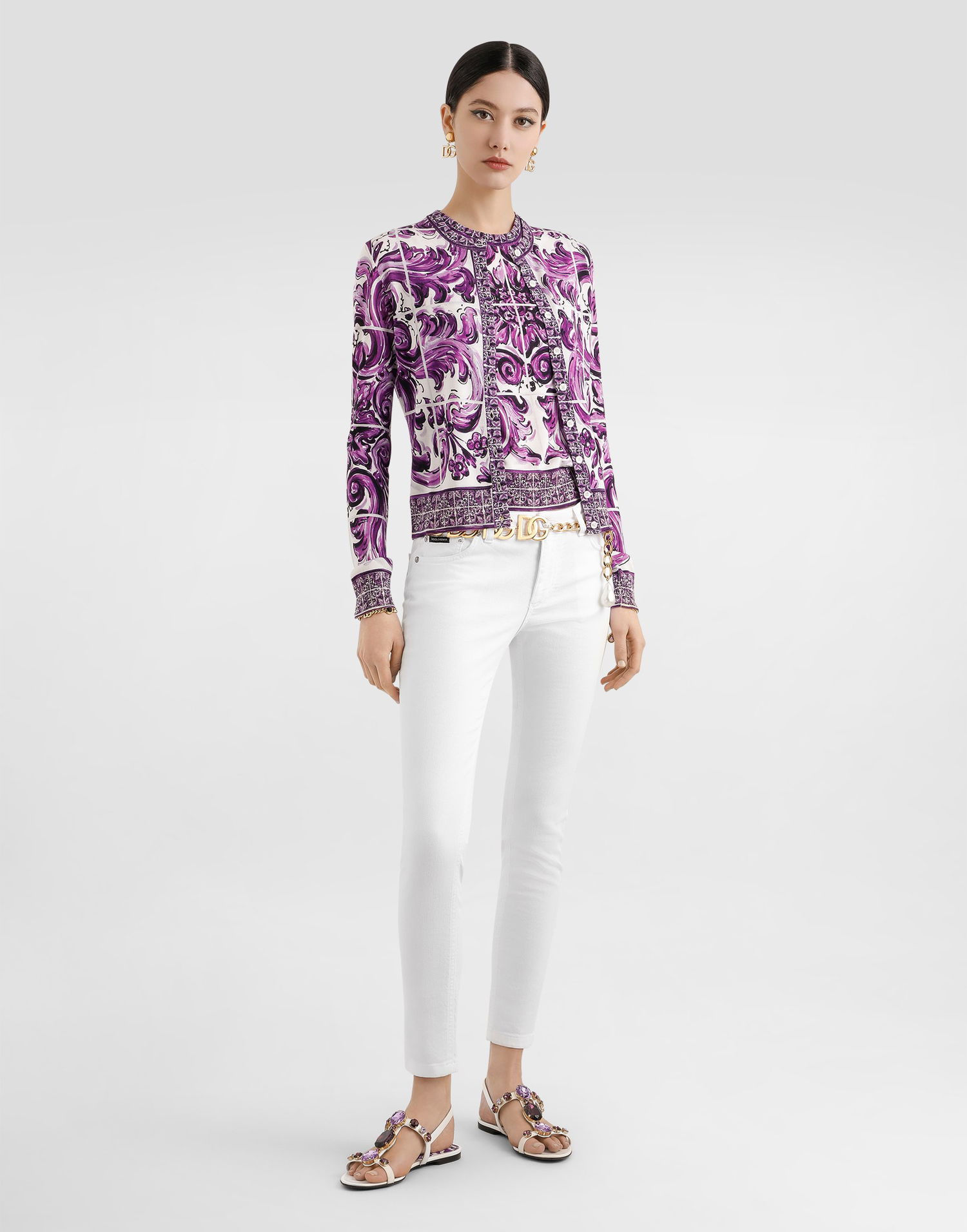 Пуловер Dolce & Gabbana Dolce & Gabbana Silk Cardigan With Majolica Print Лилаво | FXV07TJAHKGH25DQ, 1