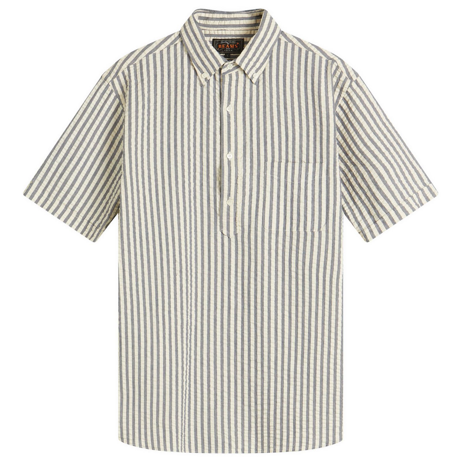 Риза BEAMS Beams Plus Button Down Popover Short Sleeve Seersucker Shirt, Size Large Бежово | 3801-0037-139-90, 0