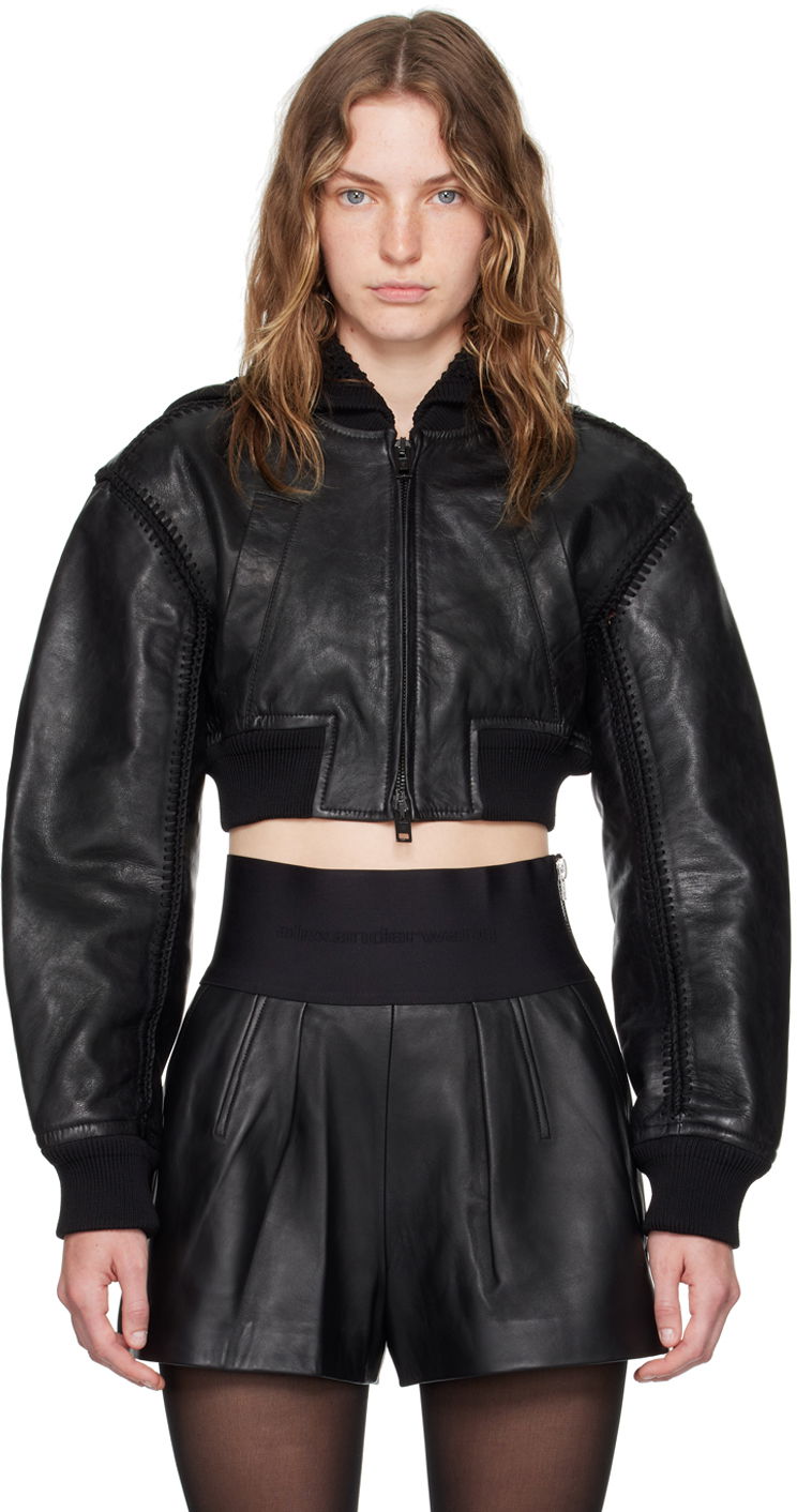 Яке бомбър Alexander Wang Crocheted Leather Bomber Jacket Черно | 1WC2242534