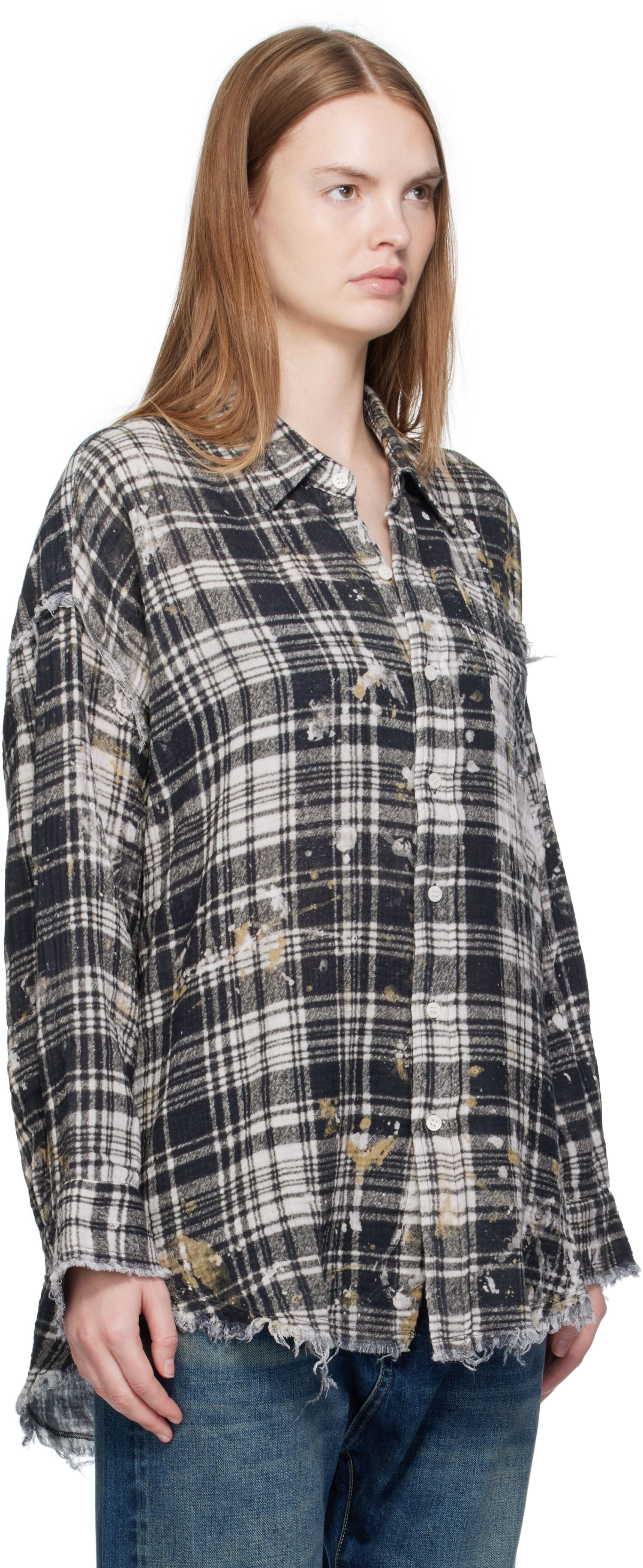 Риза R13 R13 Shredded Seam Drop Neck Plaid Shirt Черно | R13WR075-R557B, 1