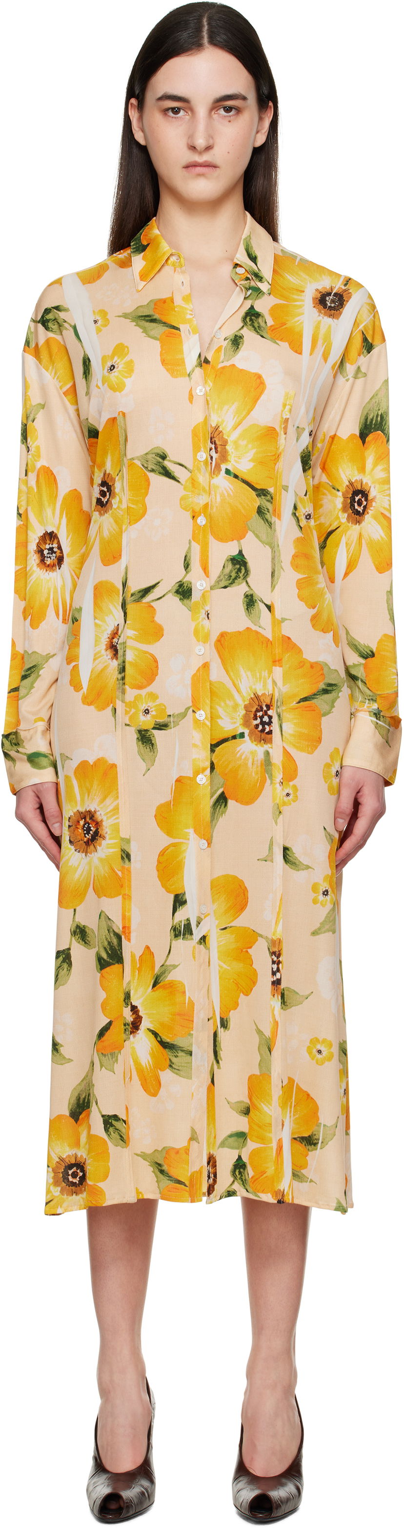Pокля Acne Studios Acne Studios Button-Up Floral Print Midi Dress Жълто | A20803-