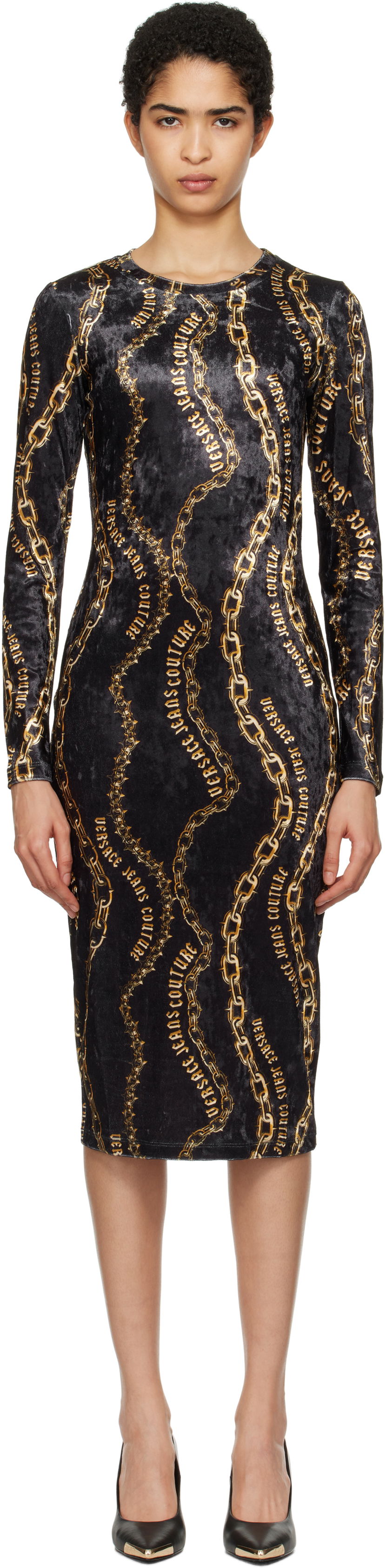 Pокля Versace Chain Couture Velvet Midi Dress Черно | E77HAO9B0_EJS367