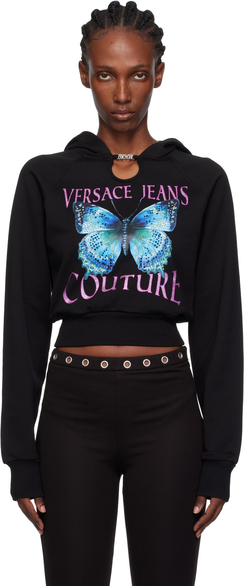 Суитчър Versace Versace Jeans Couture Butterfly Graphic Cropped Hoodie with Keyhole Detail Черно | 79HAIB01-CFB00