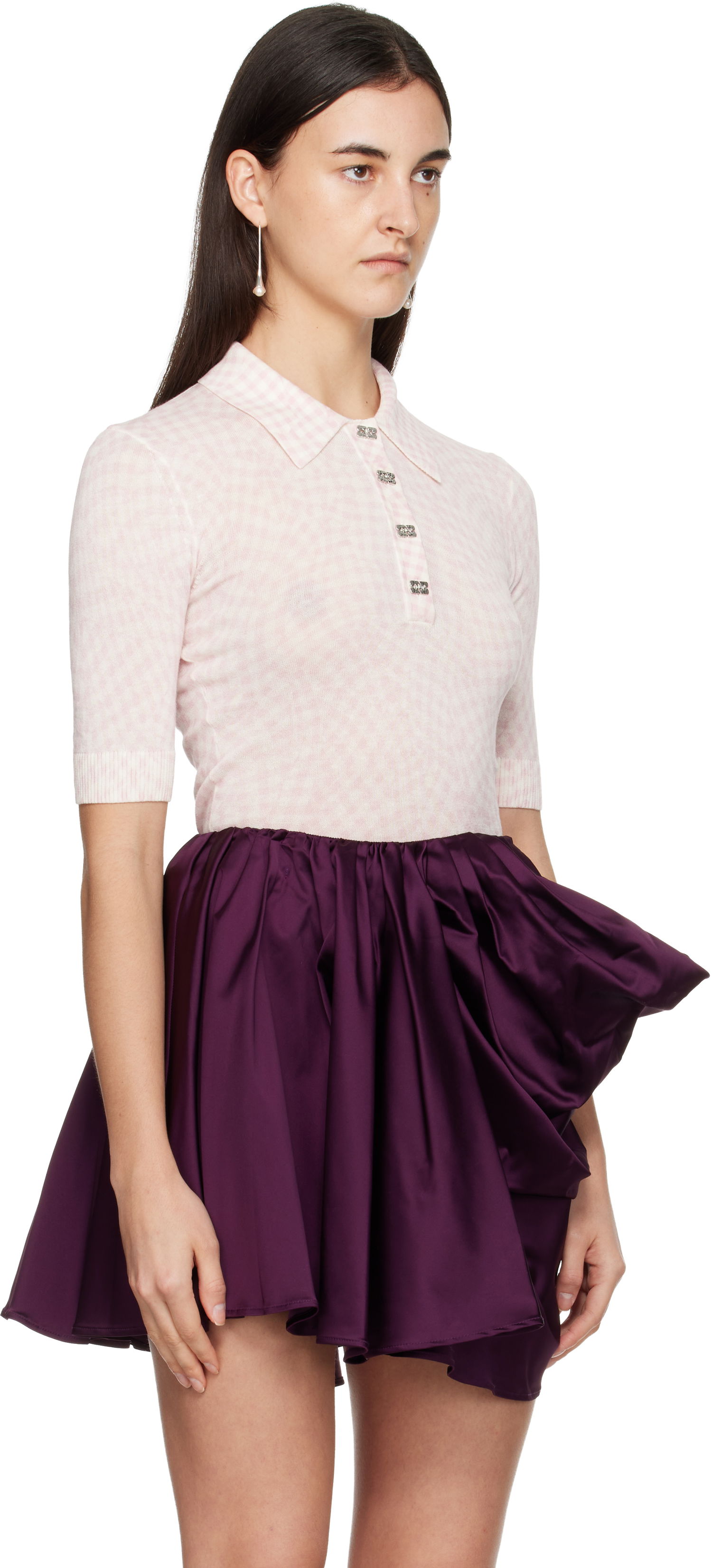 Поло тениска GANNI Sheer Cotton Checkered Knit Polo with Embellished Buttons Розово | K2491, 1