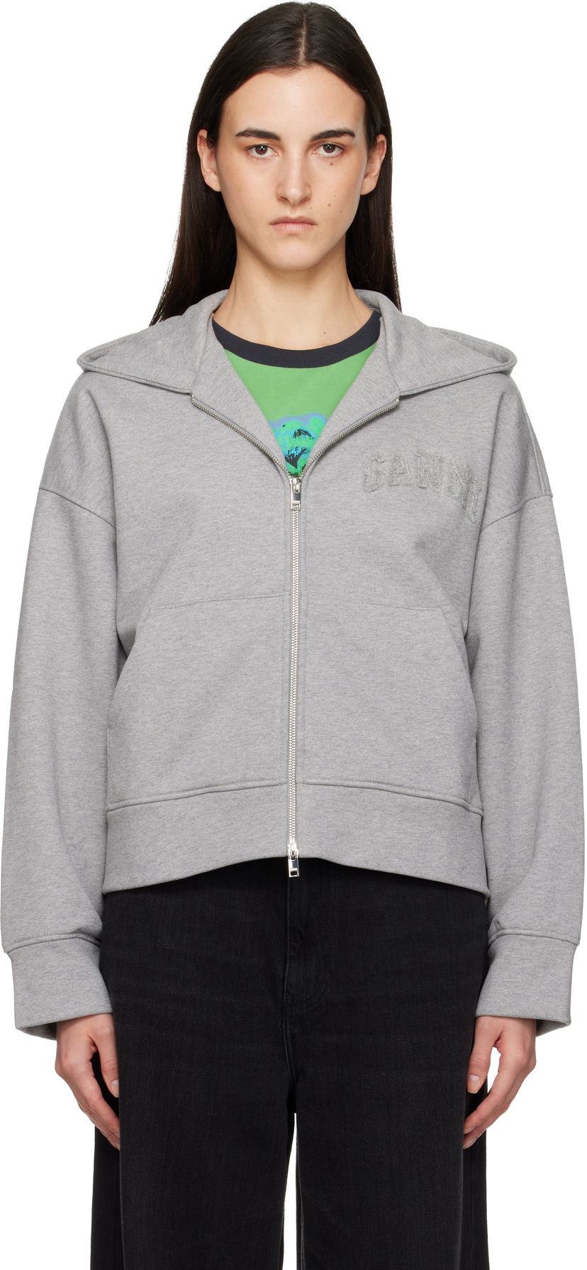 Суитчър GANNI Two-way Zip Hoodie Сиво | T4328