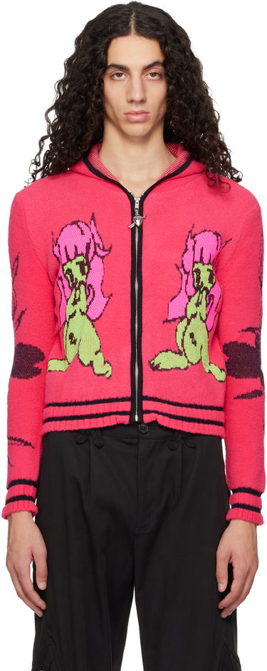 Суитчър Chopova Lowena Full-Zip Graphic Knit Hoodie with Striped Trim 'My Name Is Tiny' Розово | 5255, 0