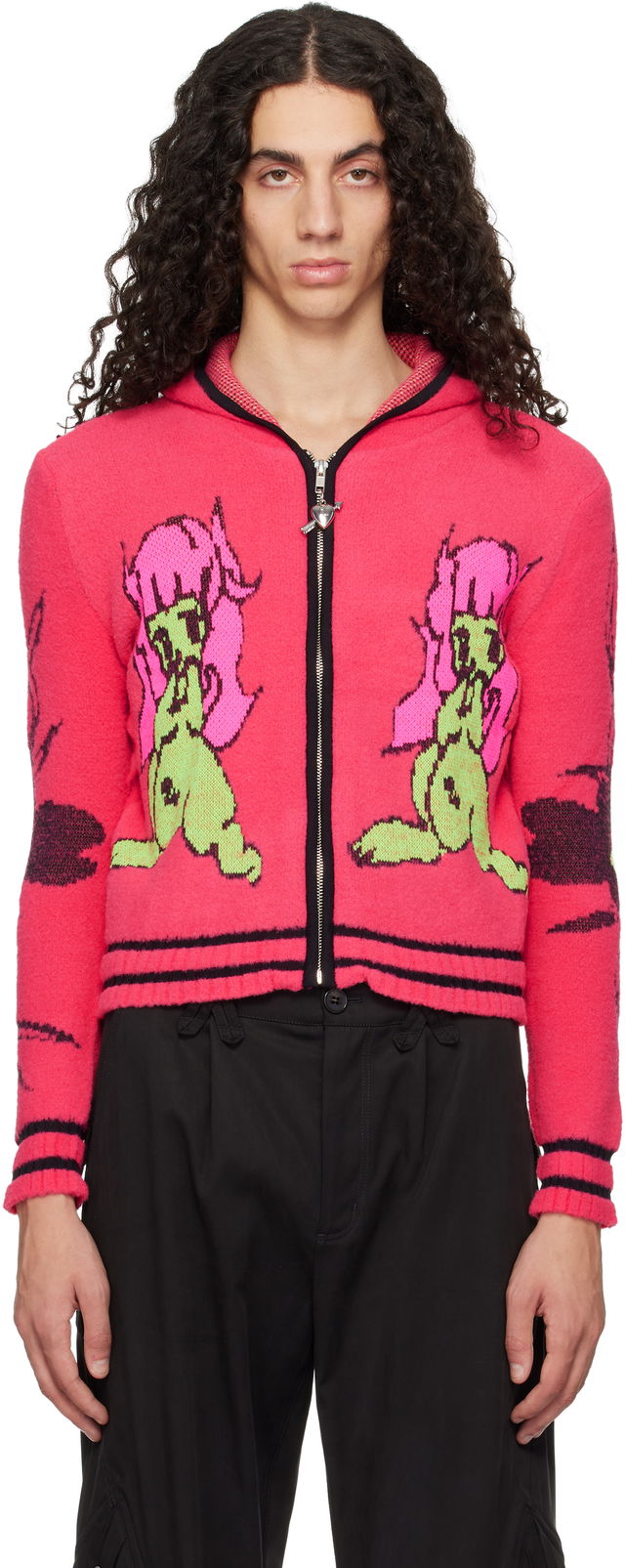 Full-Zip Graphic Knit Hoodie with Striped Trim 'My Name Is Tiny'