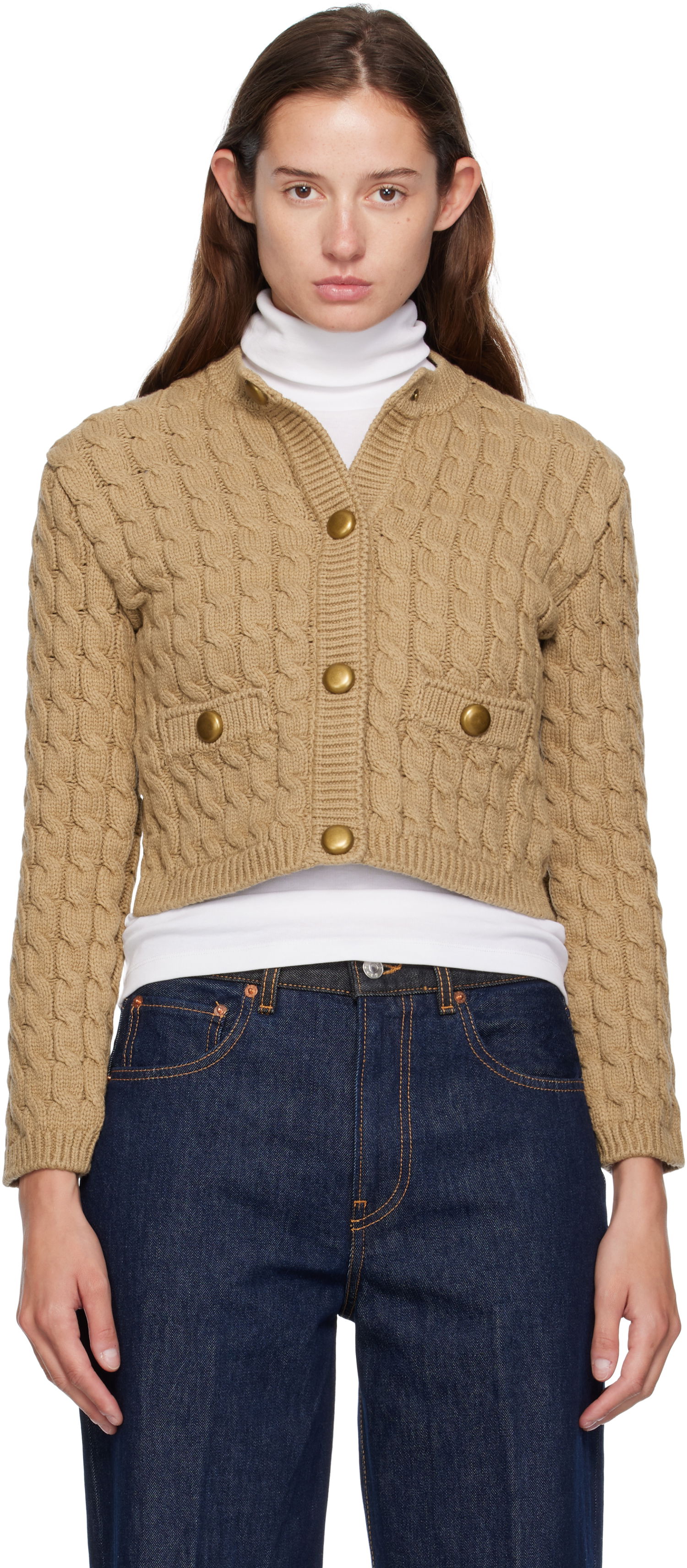 Пуловер Moncler Moncler Cotton Blend Knit Cropped Cardigan Бежово | 0939B00004M7105, 0