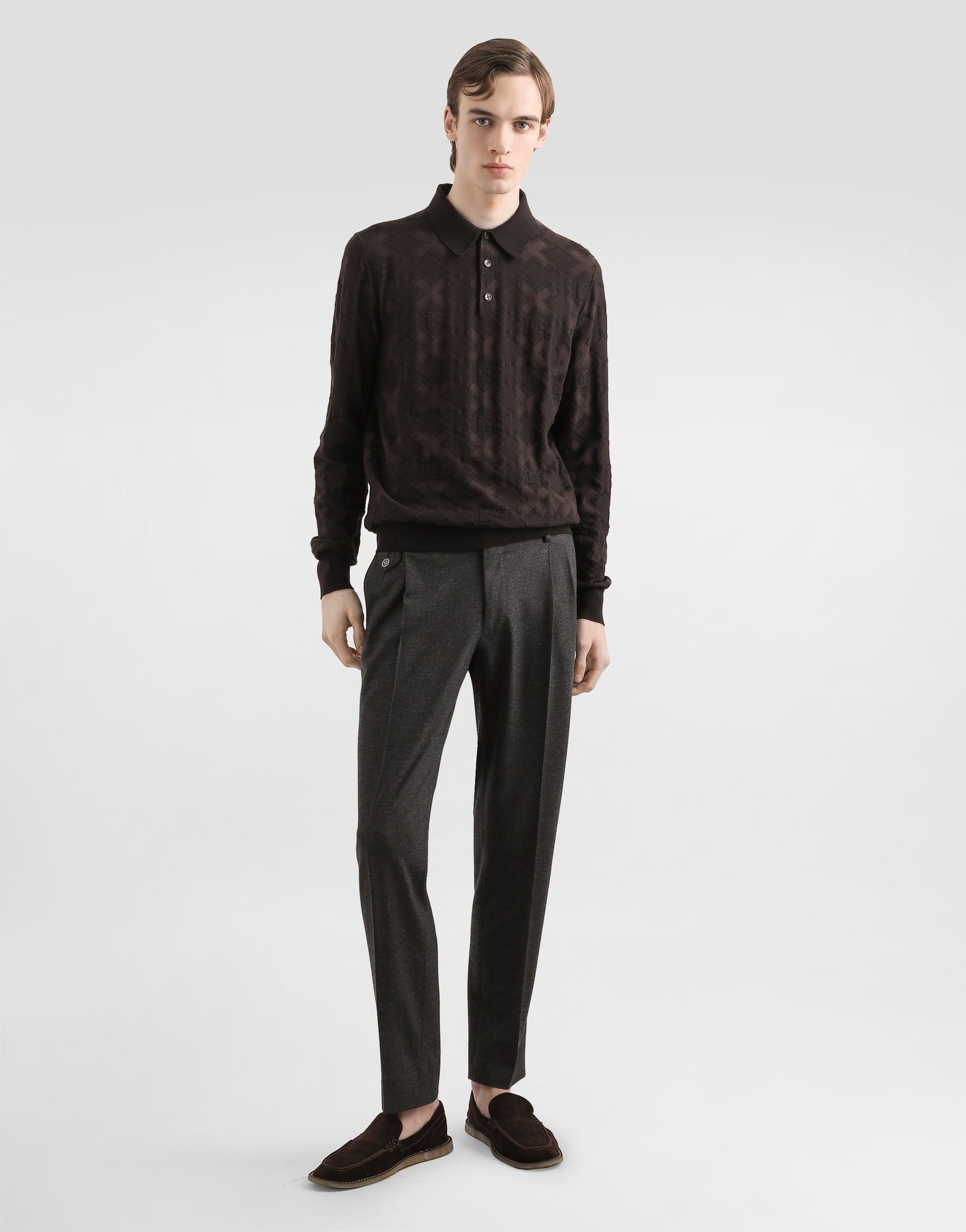 Поло тениска Dolce & Gabbana Dolce & Gabbana Wool and Silk Long Sleeve Polo Shirt with Microdot Print Кафяво | GXZ25TJGMABM1213, 1