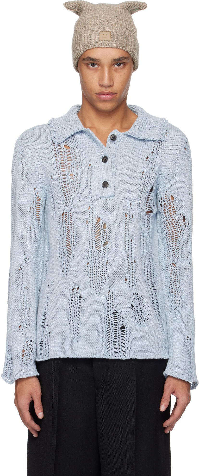 Поло тениска Acne Studios Distressed Knit Polo Синьо | A60566-