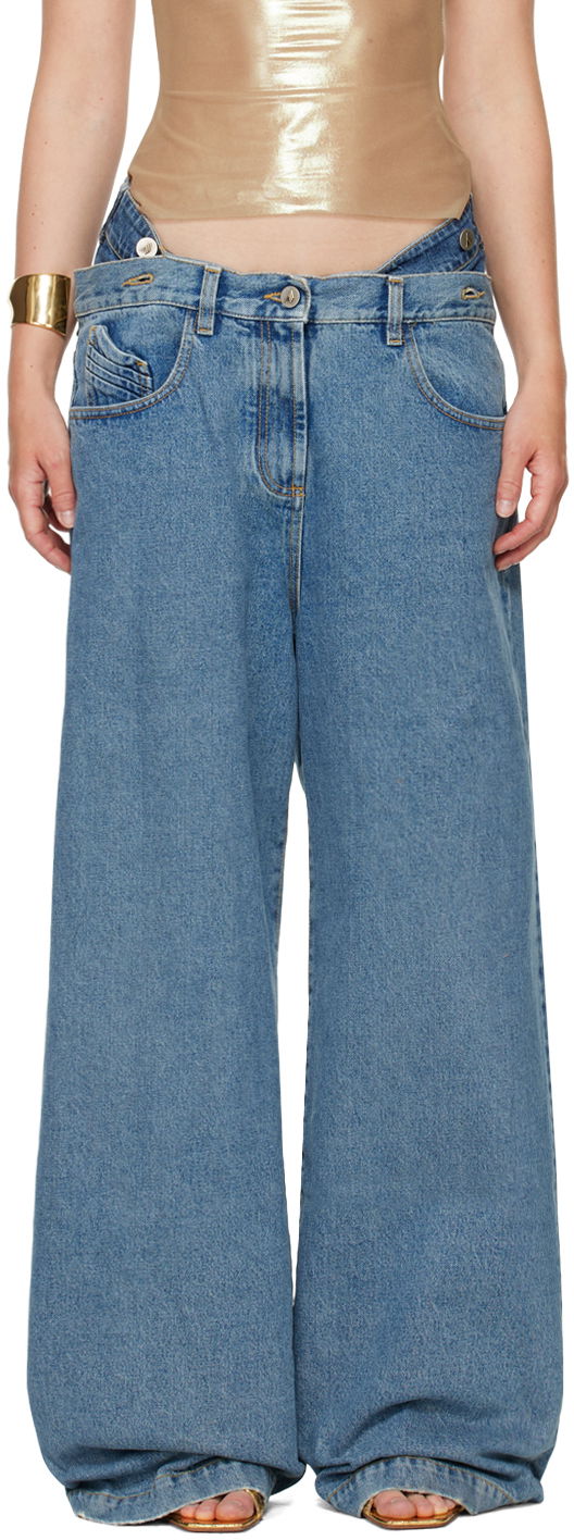 Дънки The Attico Asymmetric Waist Long Wide-Leg Jeans Синьо | 247WCP190 D049