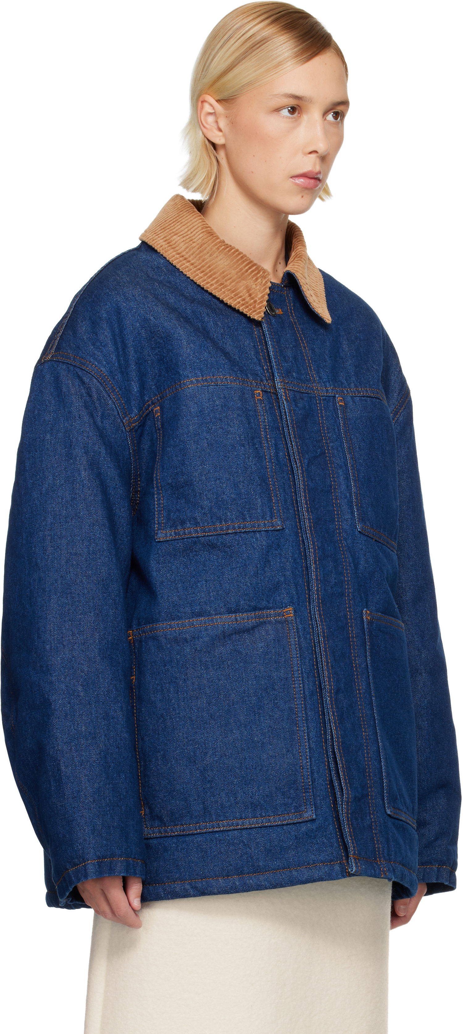 Яке AMI Padded Worker Denim Jacket with Corduroy Collar Синьо | H25UJK834.DE0104, 1