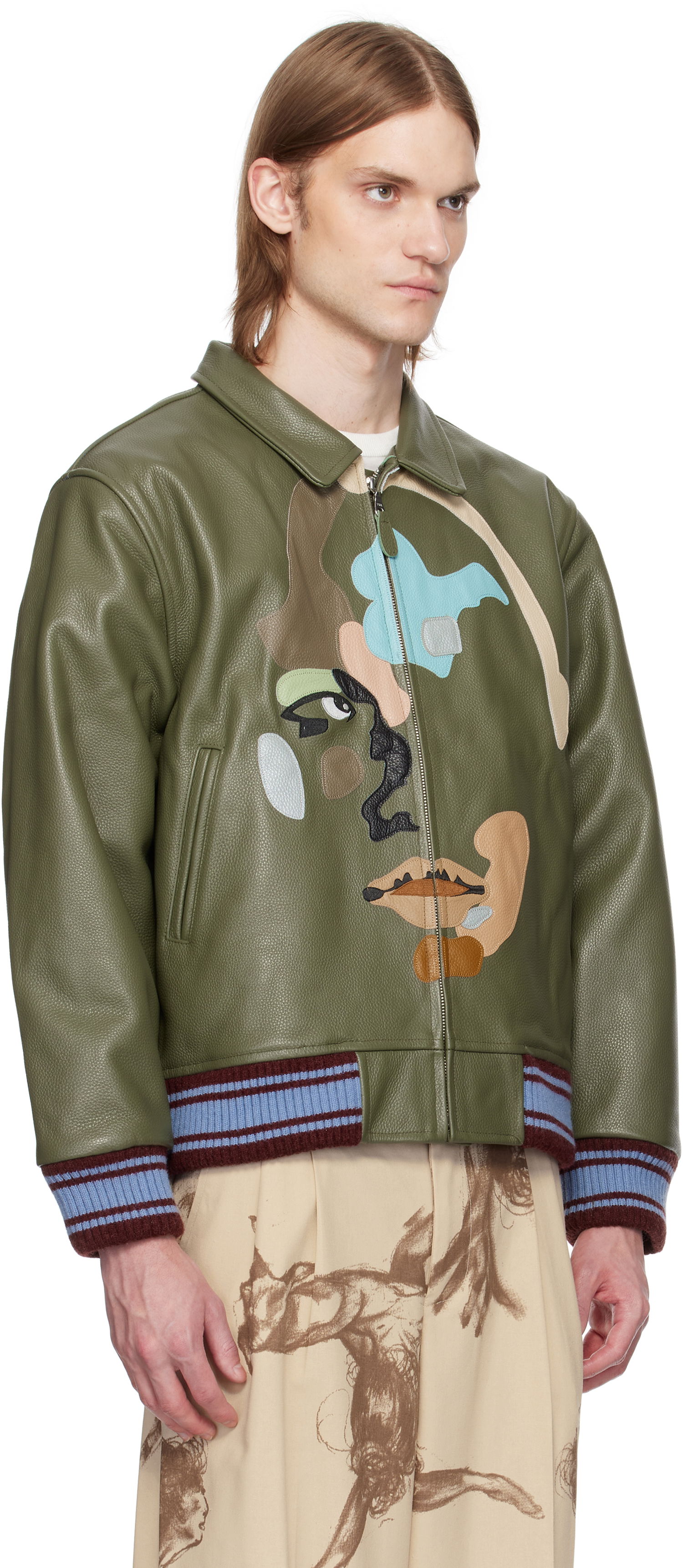 Яке бомбър KidSuper KidSuper Patchwork Face Leather Varsity Jacket Зелено | SS25-OW-05, 1