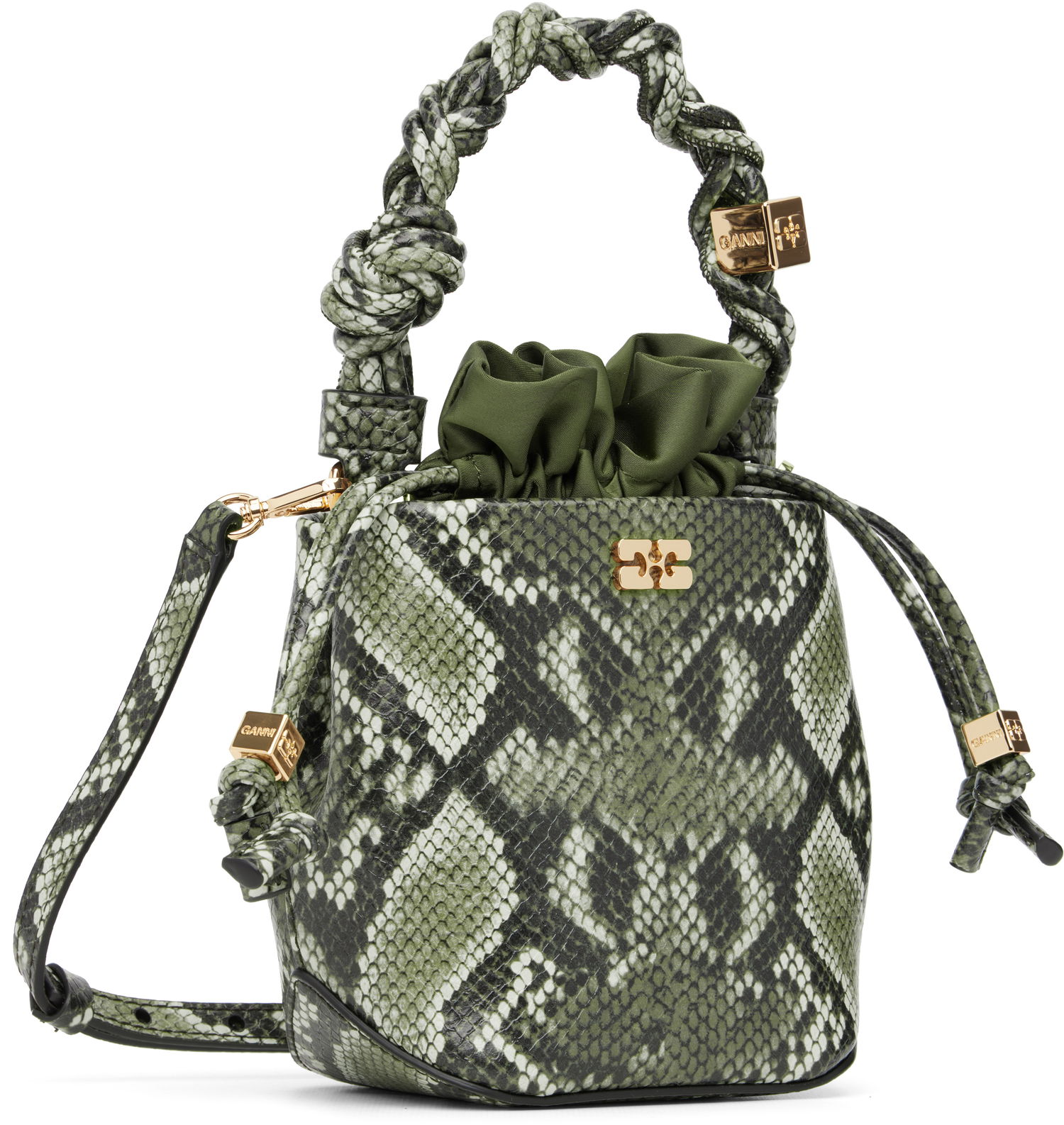 Дамска чанта GANNI Bou Bucke Mini Snakeskin Bucket Bag Зелено | A6702, 1