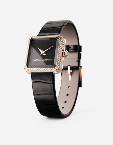 Часовник Dolce & Gabbana Diamond-Set Gold Faceted Case Watch with Croc-Embossed Leather Strap Черно | WWJC2GXSB01N0000, 2