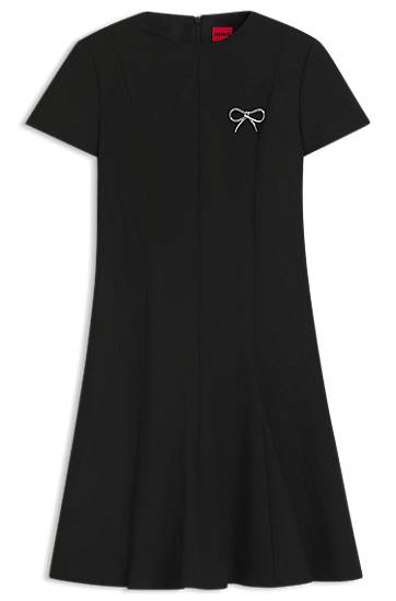 A-Line Dress with Godet Inserts and Bow Brooch
