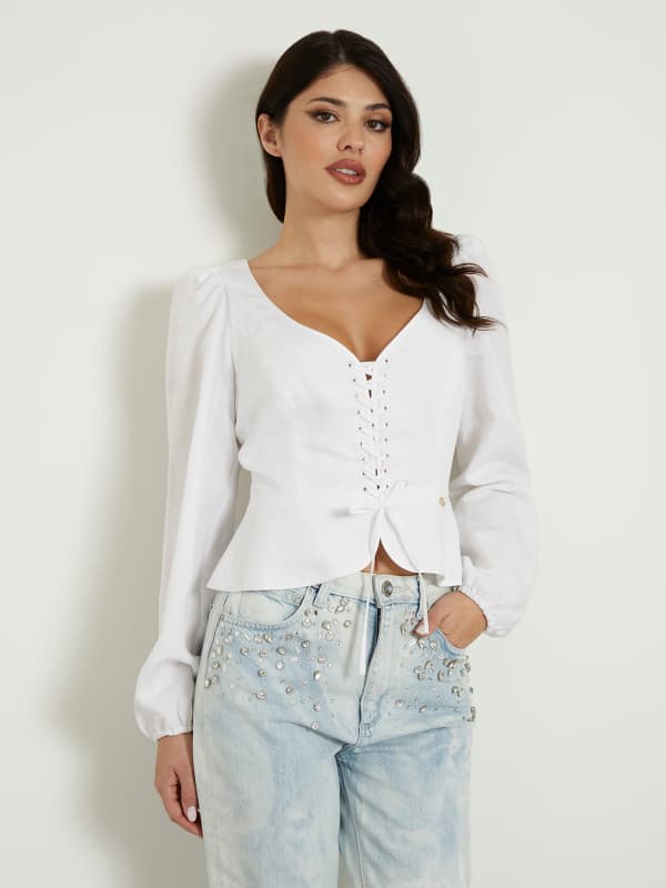 Риза GUESS Lace Up Blouse Бяло | W4GH88WG7B0, 0