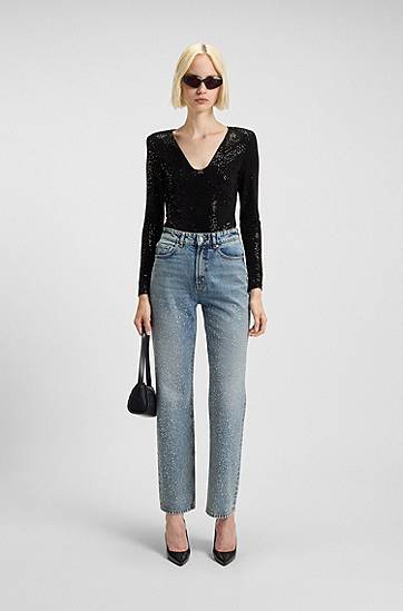 боди BOSS Sparkling bodysuit in stretch jersey with stacked-logo trim Черно | 50546238, 1