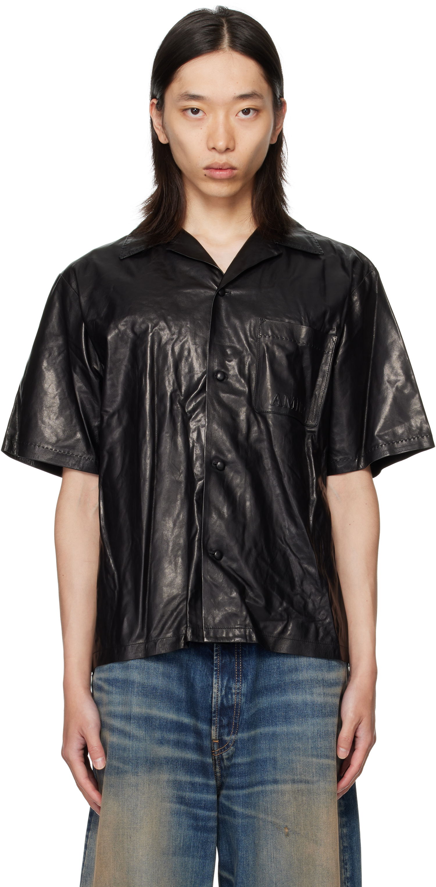 Риза AMIRI AMIRI Lightweight Camp Leather Shirt Черно | AMLTIR1017, 0