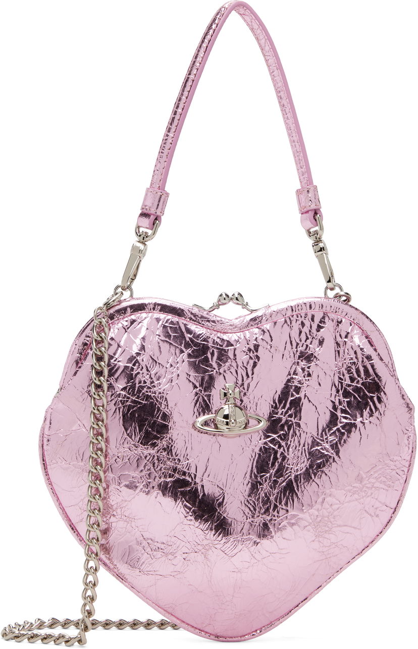 Дамска чанта Vivienne Westwood Belle Crinkled Metallic Heart Frame Bag with Chain Розово | 4B01000CW-L00A7-