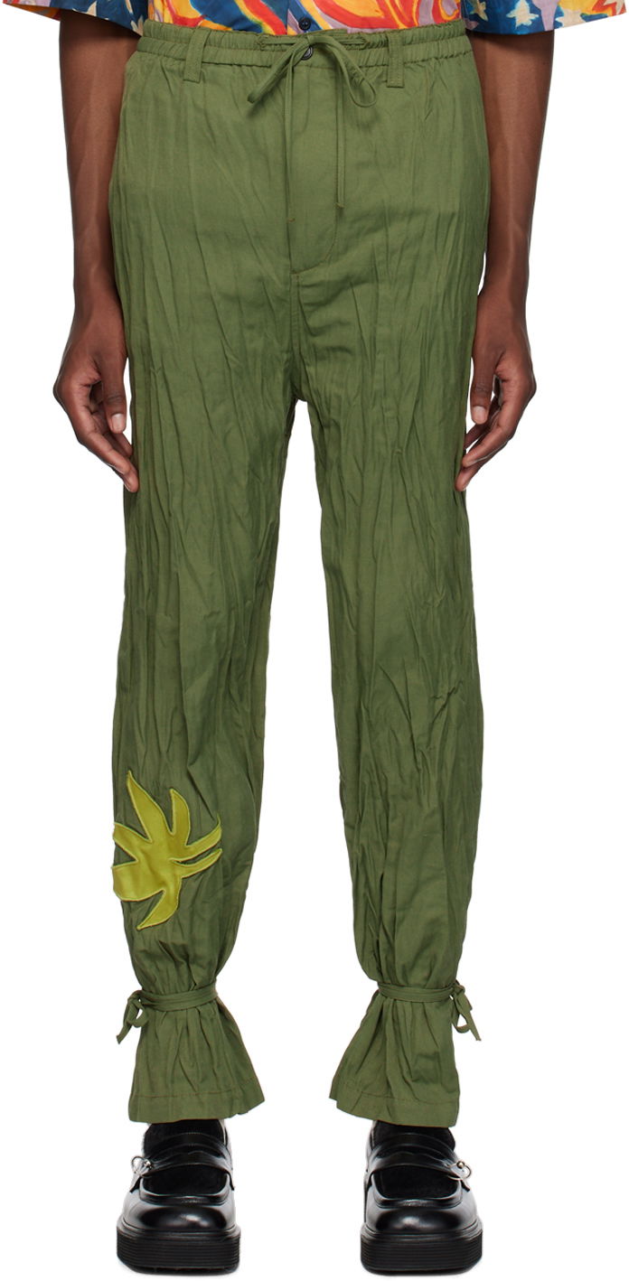 Панталони Marni No Vacancy Inn Edition Crinkled Drawstring Trousers with Leaf Appliqué and Tied Cuffs Зелено | PUMU0228SX UTN906