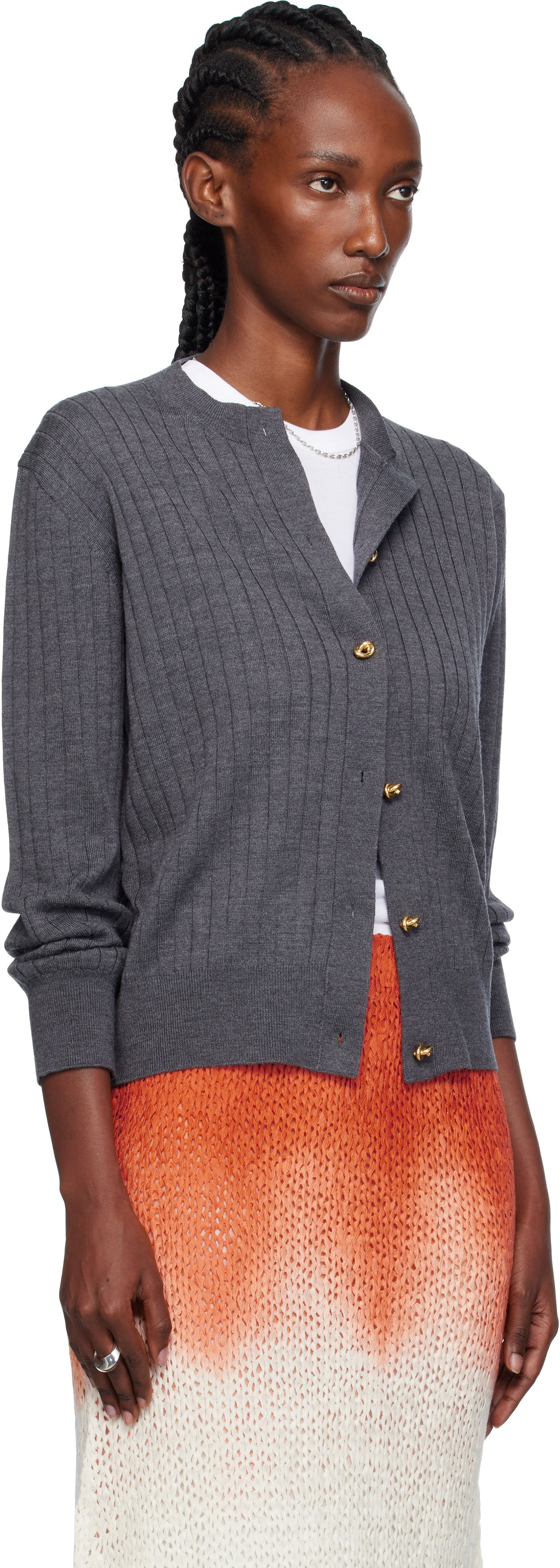 Пуловер Bottega Veneta Bottega Veneta Wool Rib Knit Cardigan Сиво | 835337 V5L70, 1