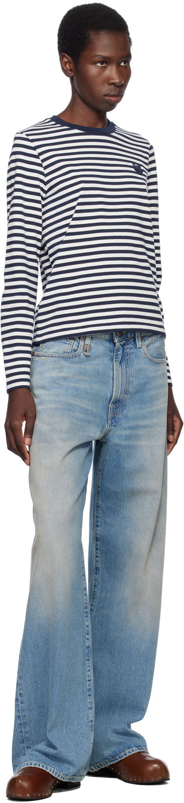 Тениска MAISON KITSUNÉ Maison Kitsuné Fox Head Patch Striped T-Shirt Тъмно синьо | OW00111KA0026, 3