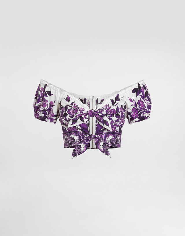 Dolce & Gabbana Majolica-Print Poplin Off-Shoulder Tie-Front Top