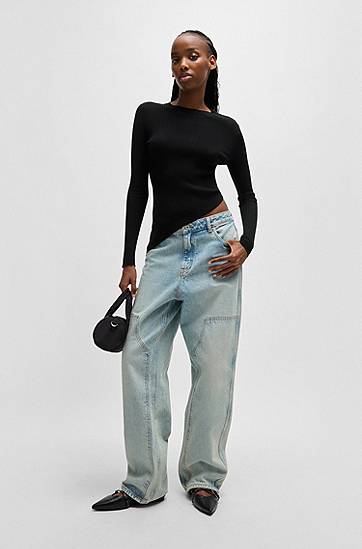 Пуловер BOSS HUGO Sheer-Ribbing Asymmetrical Hem Sweater Черно | 50532240, 1