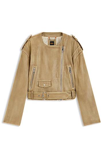 Яке BOSS Cropped Grained Leather Biker Jacket Бежово | 50543026, 0