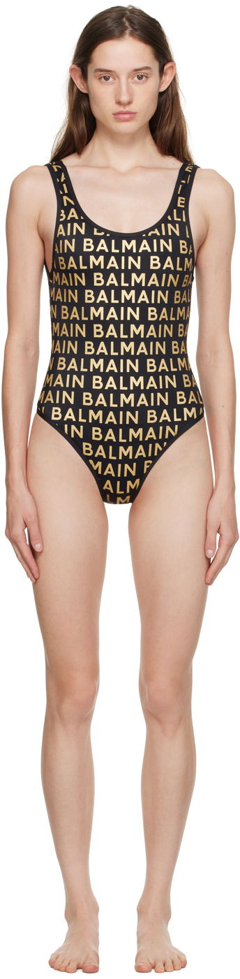 Бански Balmain Balmain Nylon Glitter One-Piece Swimsuit Черно | BKBGA0700