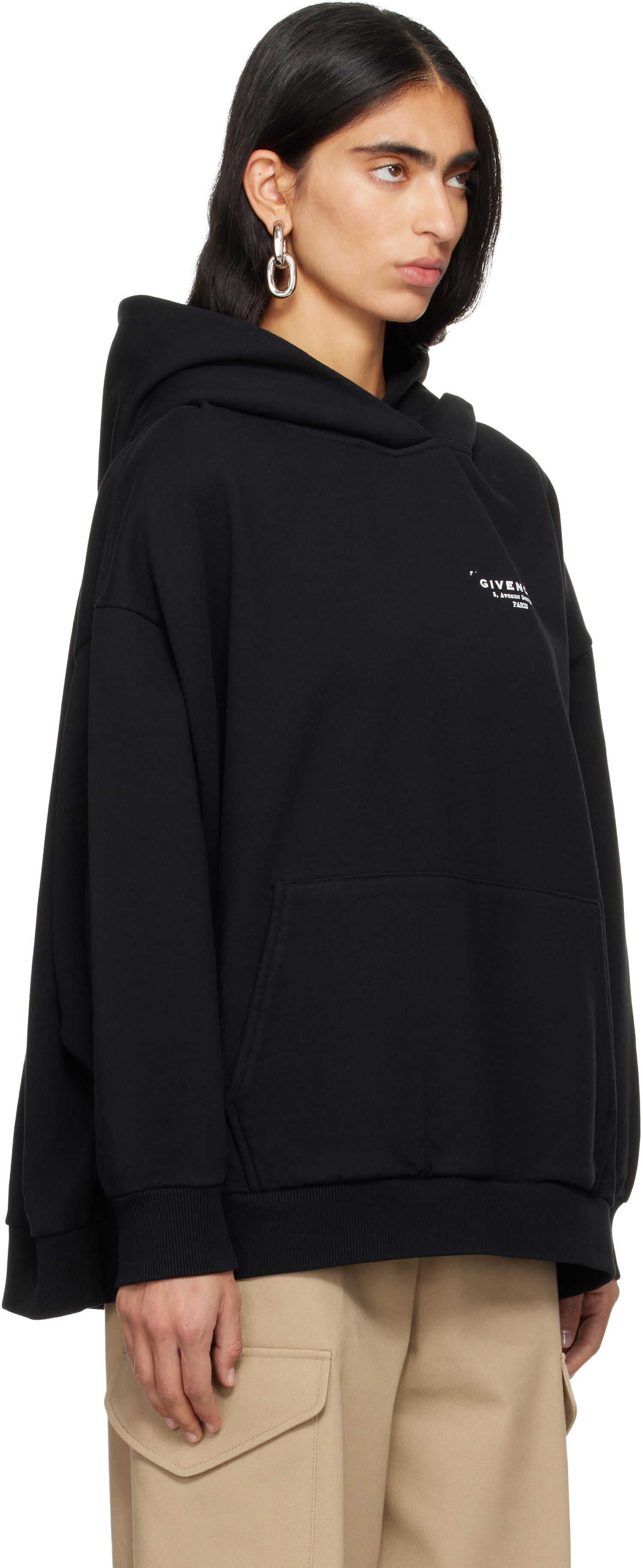 Суитчър Givenchy Paris Text Logo Print Hoodie with Kangaroo Pocket Черно | BWJ04TP75N001, 1