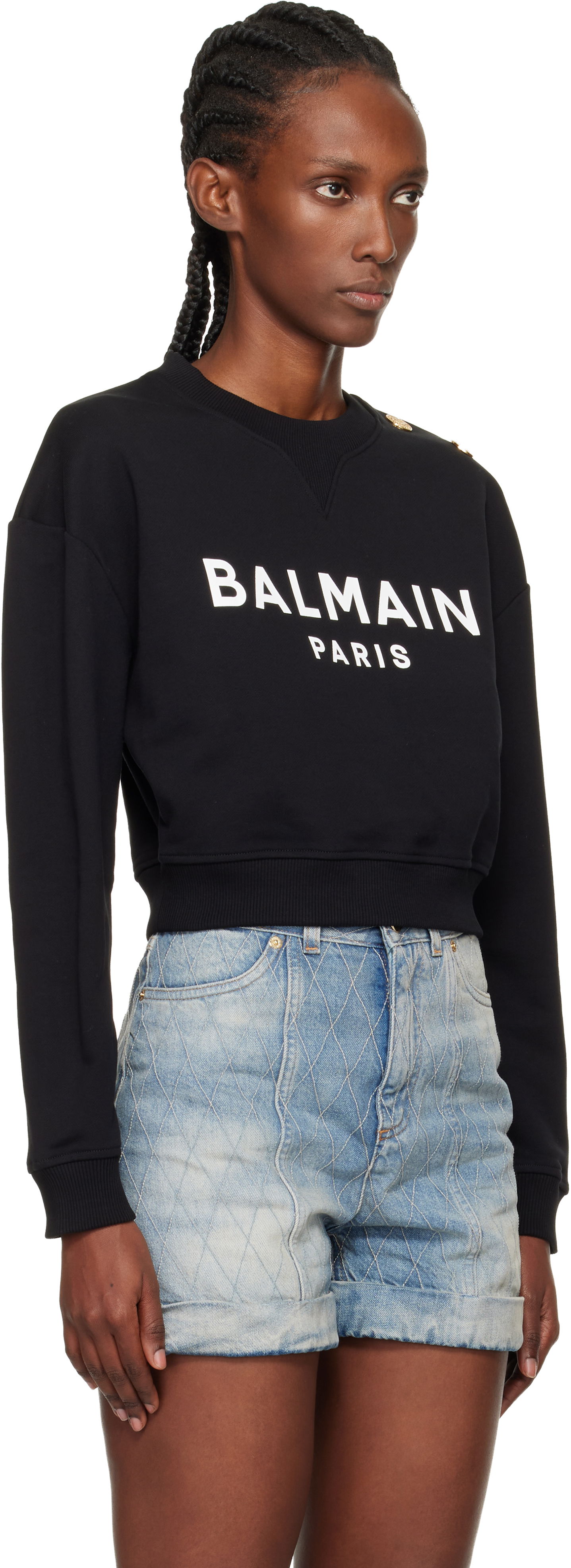 Суитчър Balmain Printed 'Balmain Paris' Cropped Sweatshirt with Gold-Tone Shoulder Buttons Черно | EF1JQ002BB02, 1