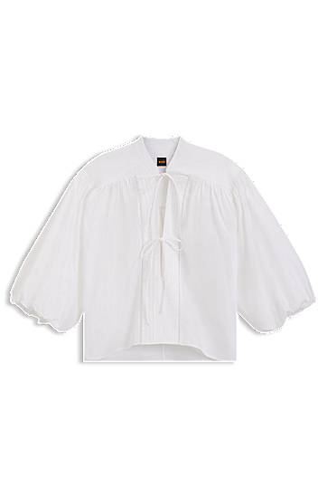 Риза BOSS Relaxed-Fit Cotton Poplin Blouse with Tie Neckline Бяло | 50552766, 0