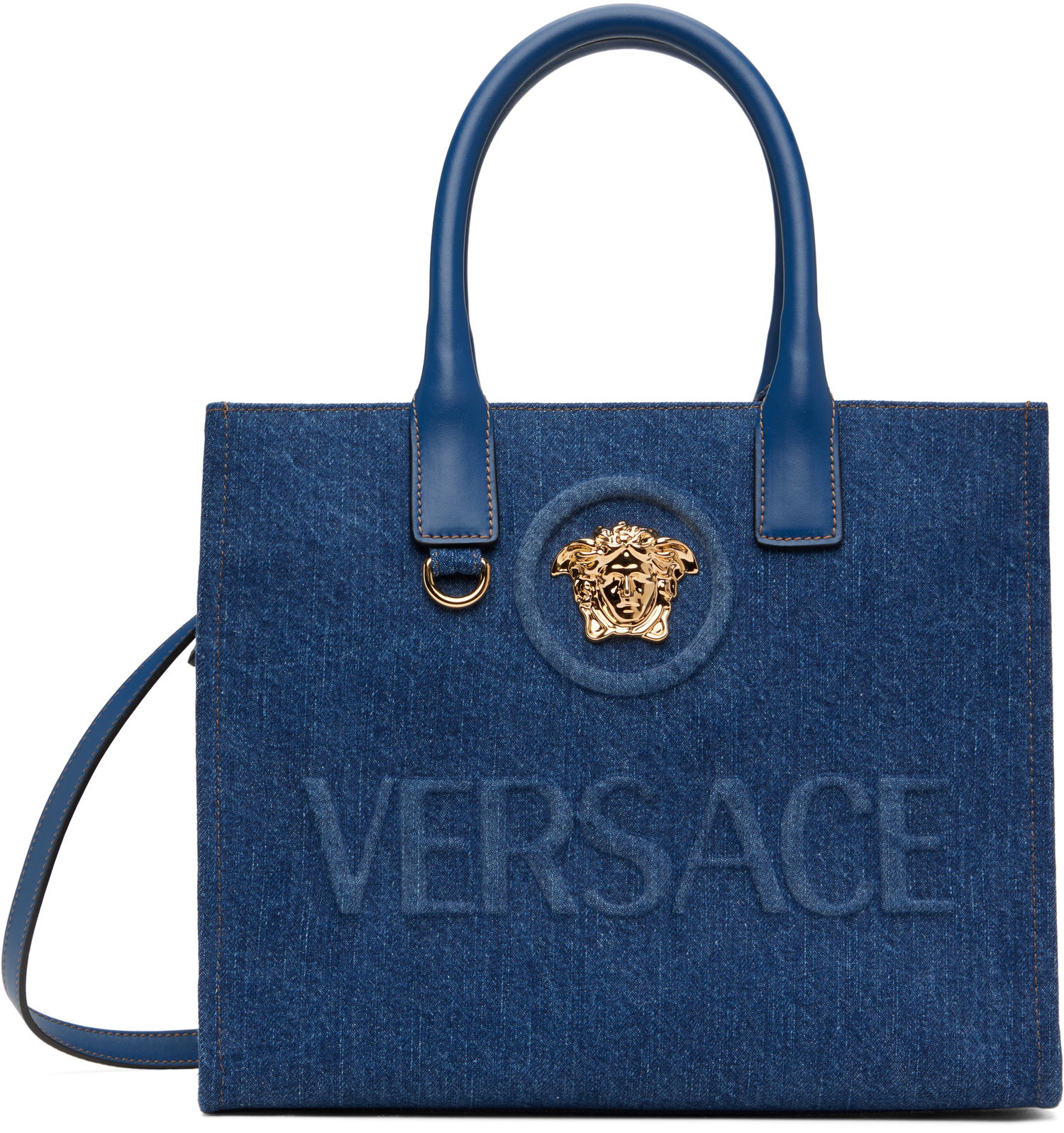 Голяма пазарска чанта Versace Versace 'La Medusa' Denim Small Tote Bag Синьо | 1005861_1A04287_1UC7V, 0