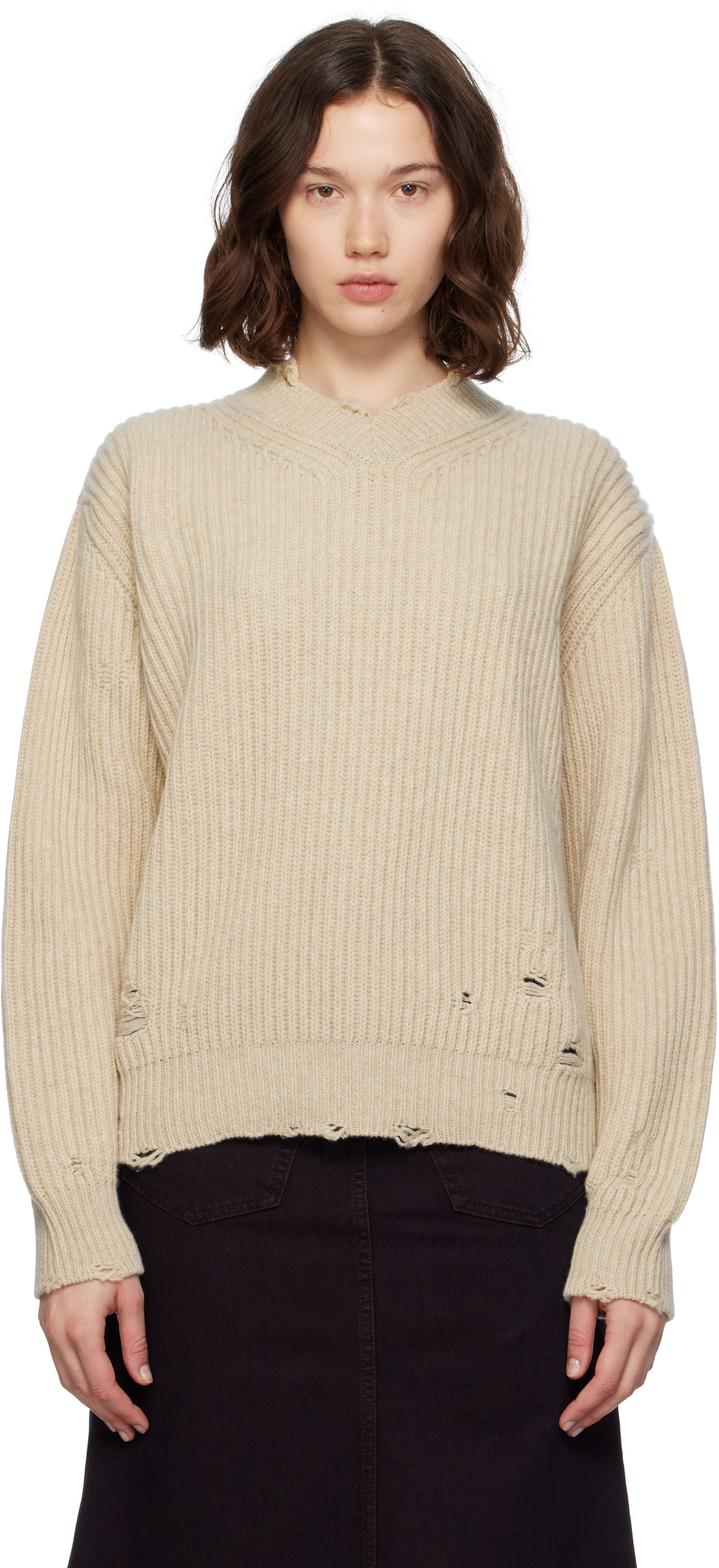 Пуловер Maison Margiela MM6 Maison Margiela Distressed Wool Sweater Бежово | S52HN0011 M13138, 0