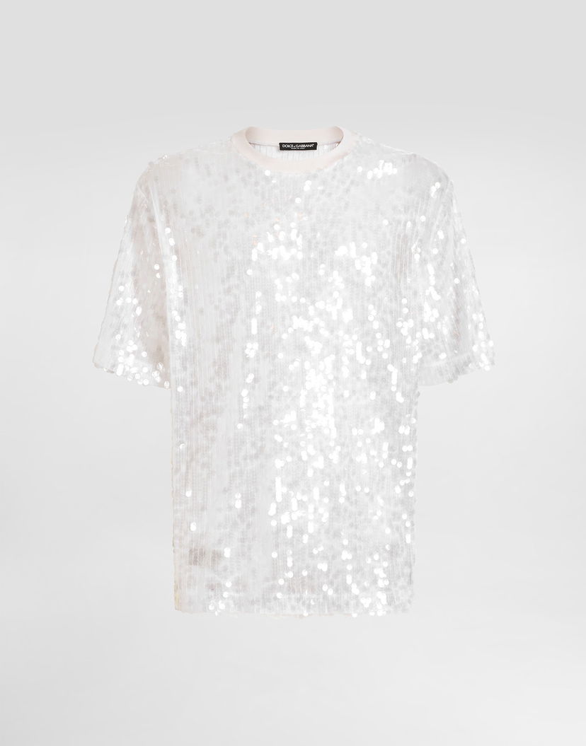 Тениска Dolce & Gabbana Dolce & Gabbana Sequined Short-Sleeved T-Shirt Бяло | G8PN9TFLSA8W0800