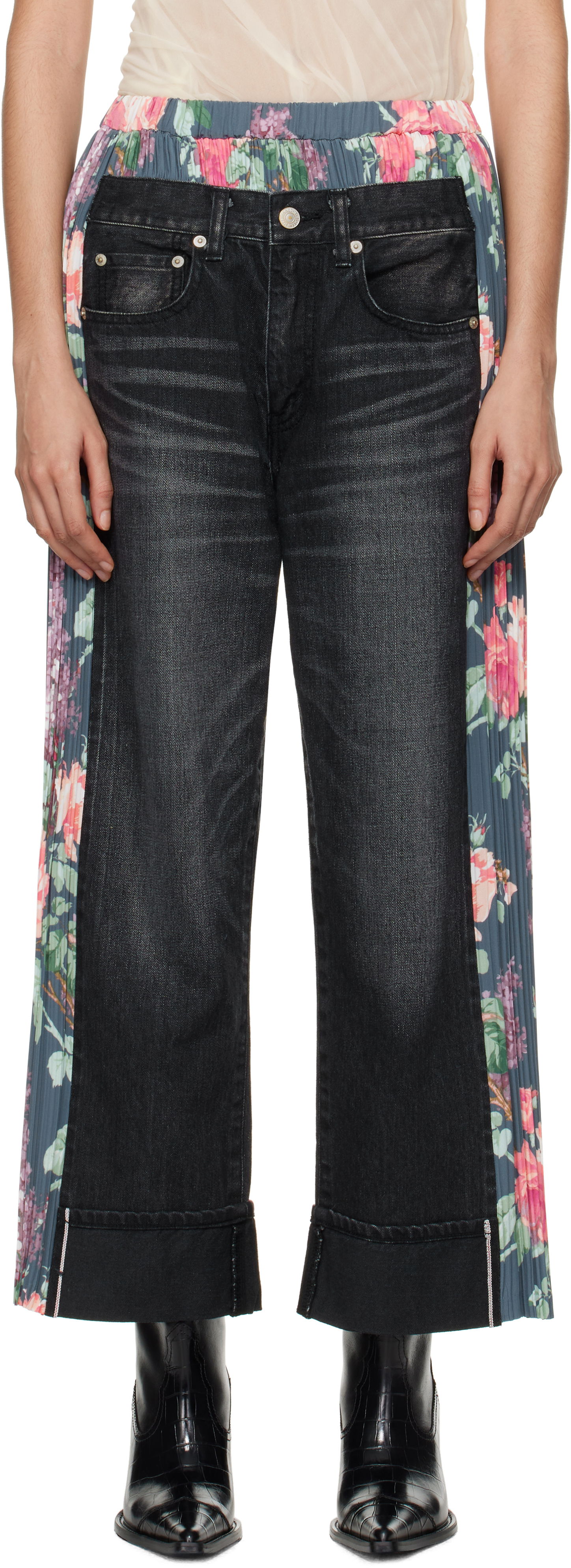 Дънки Junya Watanabe Flower Print Panel Jeans Черно | JN-P107-100, 0