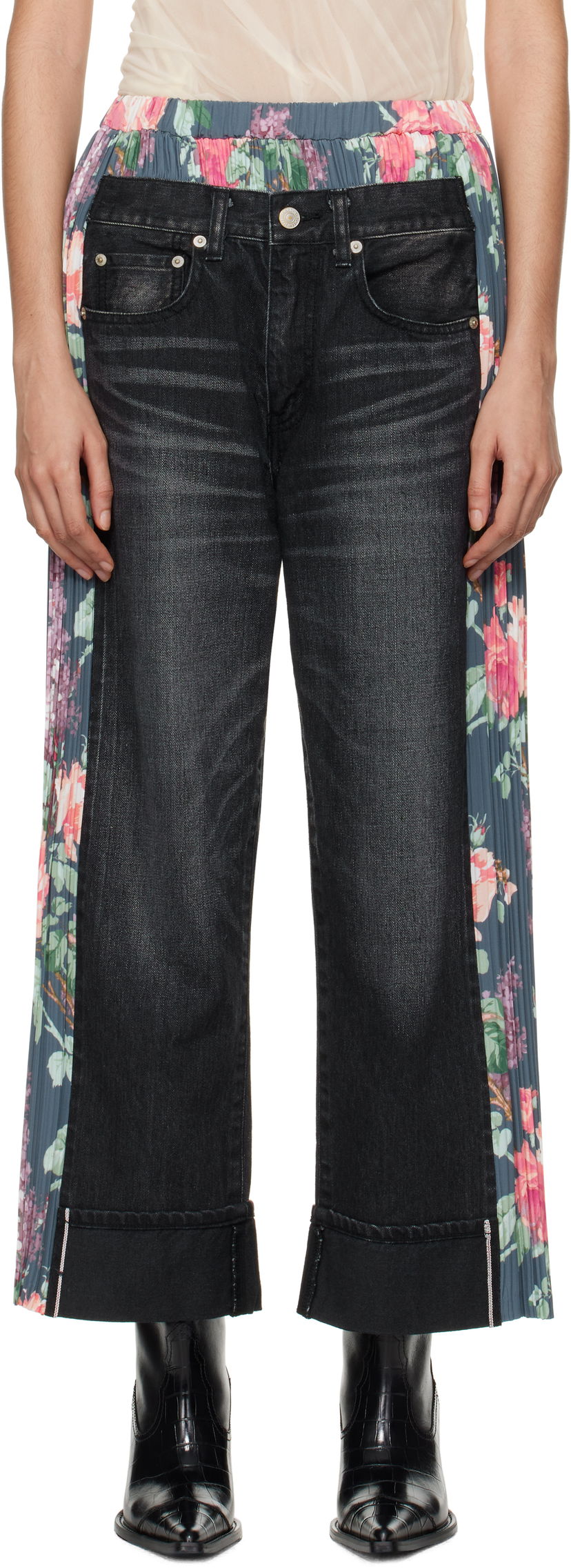 Дънки Junya Watanabe Flower Print Panel Jeans Черно | JN-P107-100