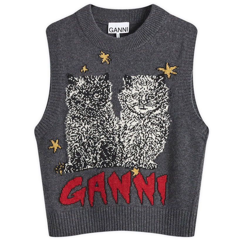 Пуловер GANNI Graphic Wool-Blend Vest with Cat Motif Сиво | K2375-084