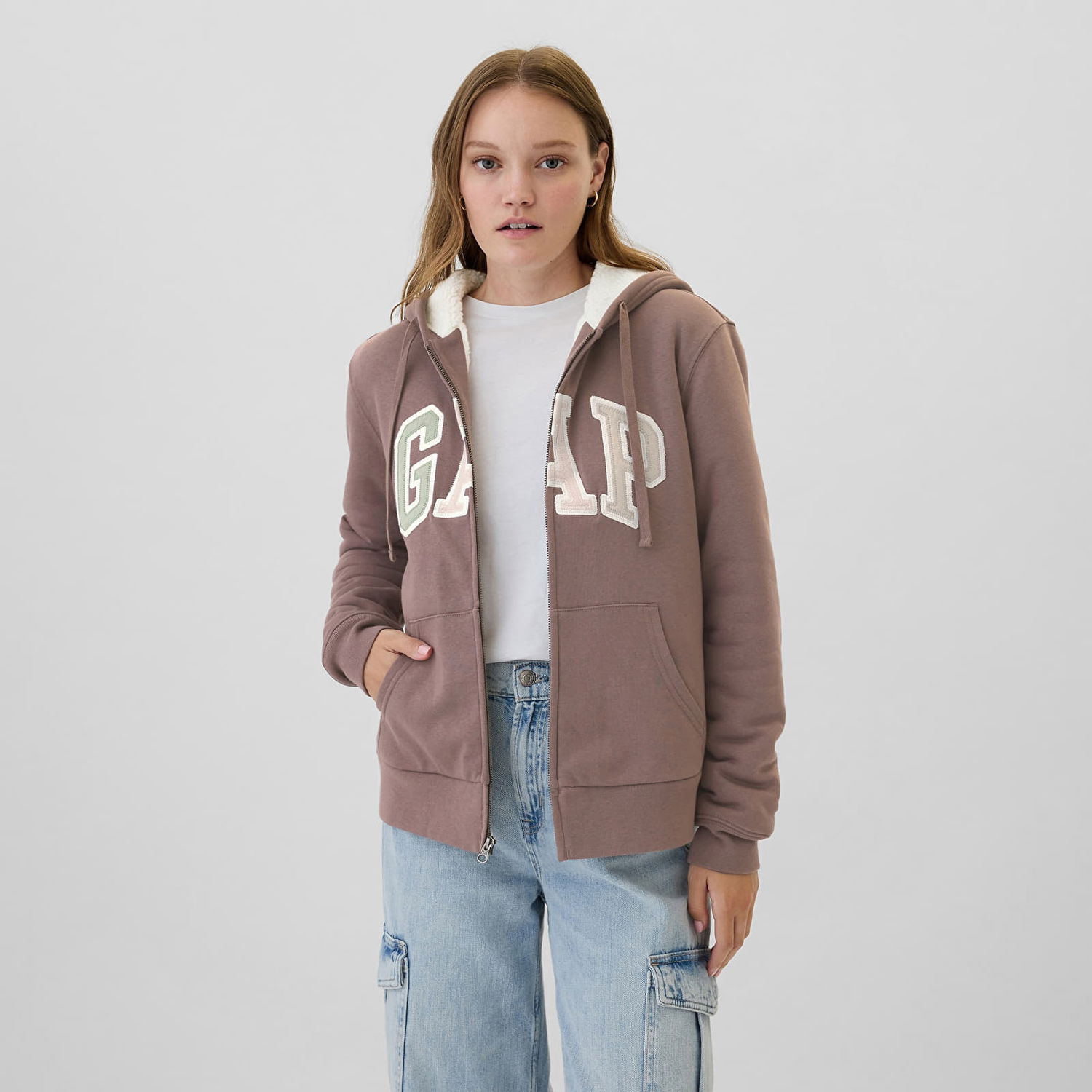 Суитчър GAP Logo Sherpa Fullzip Hoodie Wassel Кафяво | 498594-00, 0