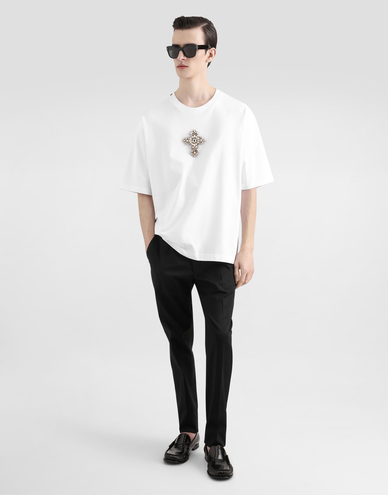 Тениска Dolce & Gabbana Cotton T-shirt With Embellished Cross Patch Бяло | G8PB8ZG7O4HW0800, 1