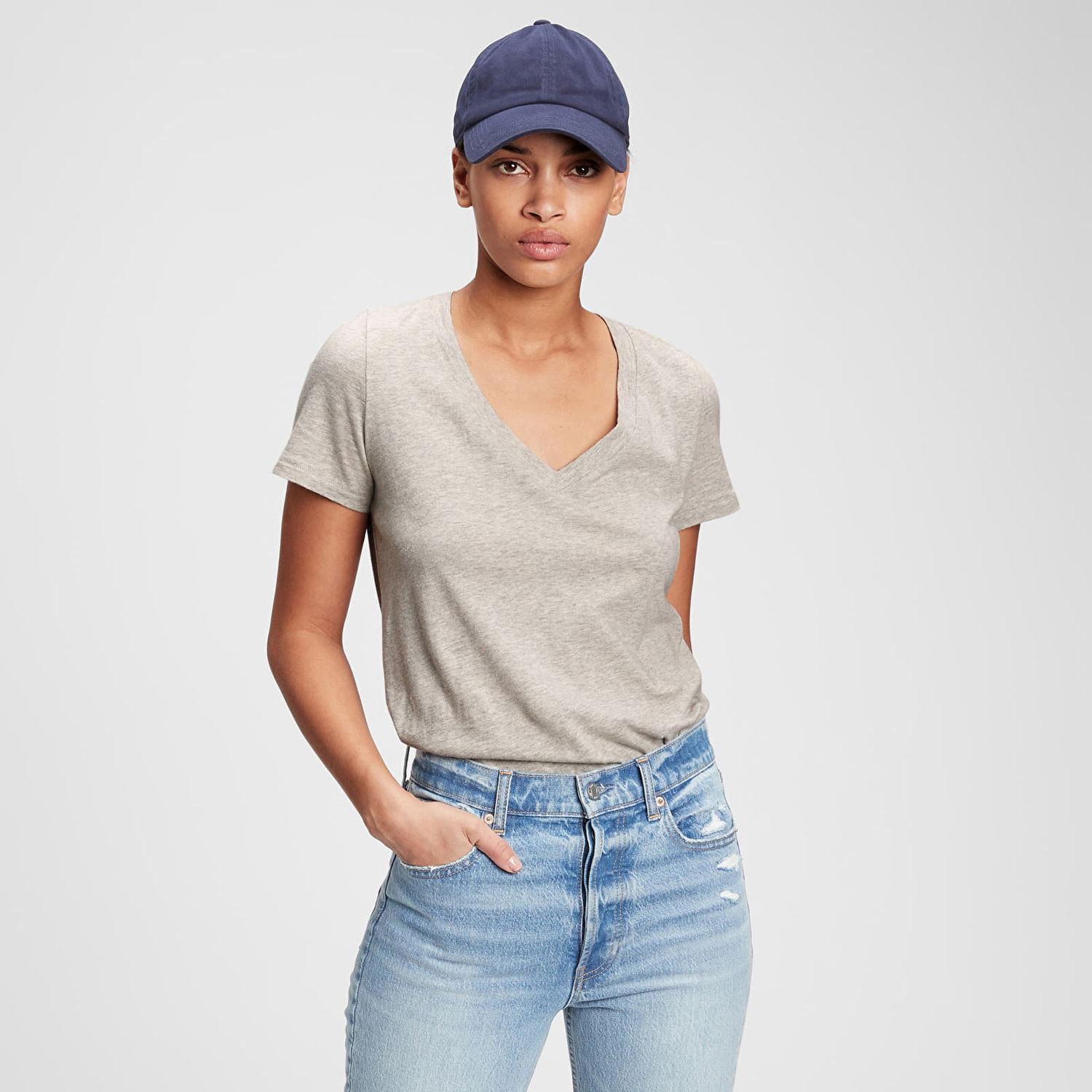 Тениска GAP V-Neck Tee Heather Grey Сиво | 740140-01, 0