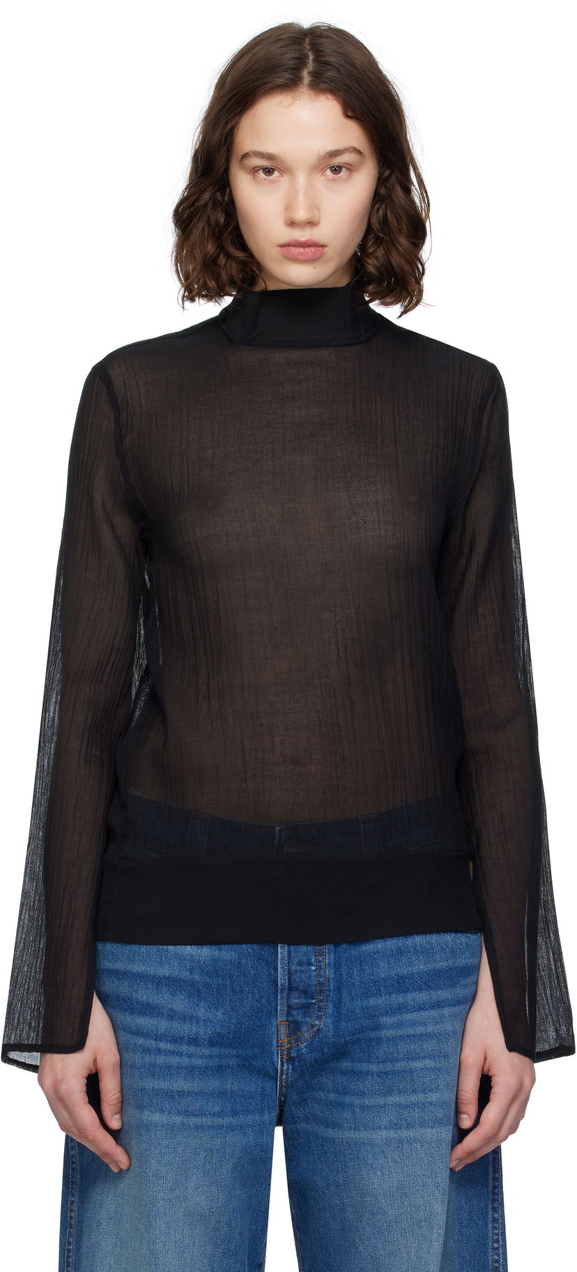 Риза TOTEME TOTEME Slit Sleeve Mock Neck Blouse Черно | 253-WRT0546-FB0462