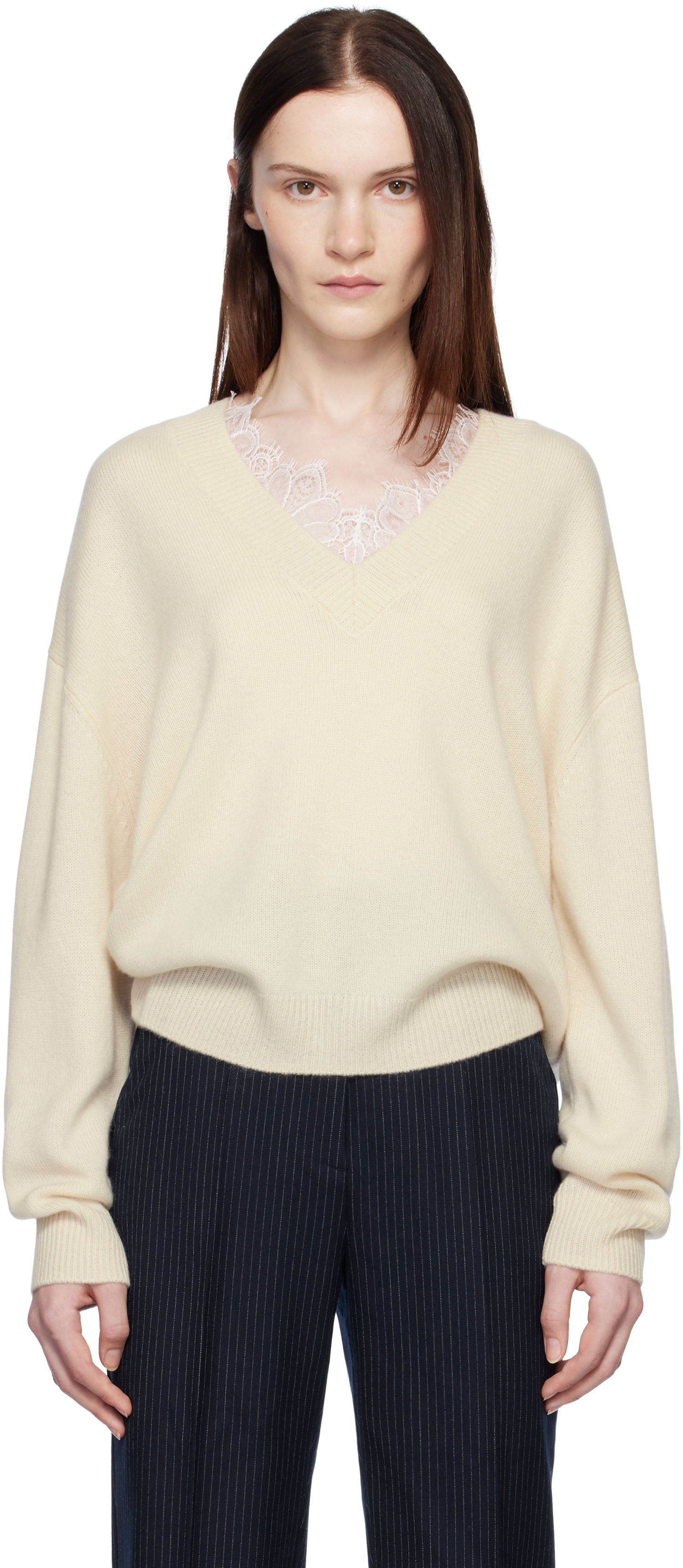Пуловер Anine Bing ANINE BING Lee Lace-Trim V-Neck Sweater Бежово | A-09-3280-101, 0
