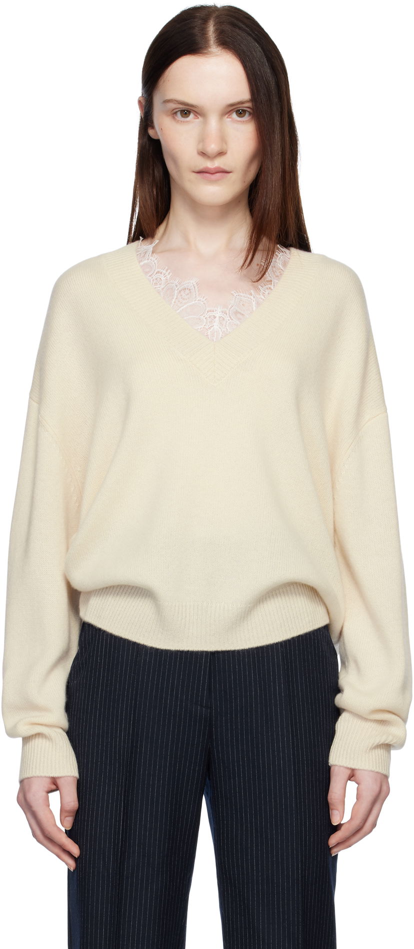 Пуловер Anine Bing ANINE BING Lee Lace-Trim V-Neck Sweater Бежово | A-09-3280-101