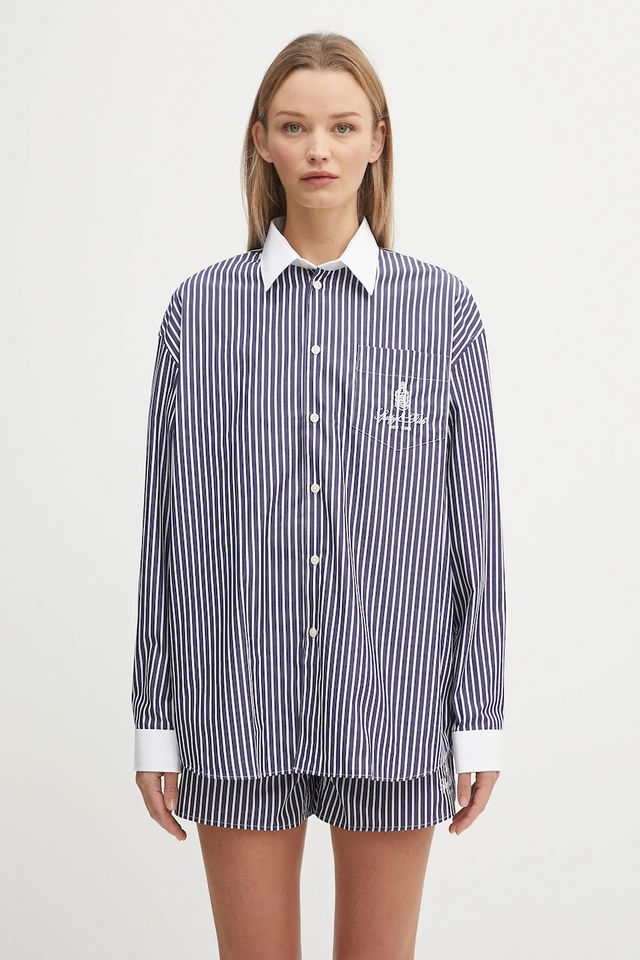 Sporty & Rich Vendome Oversized Relaxed Striped Cotton Shirt with Classic Collar