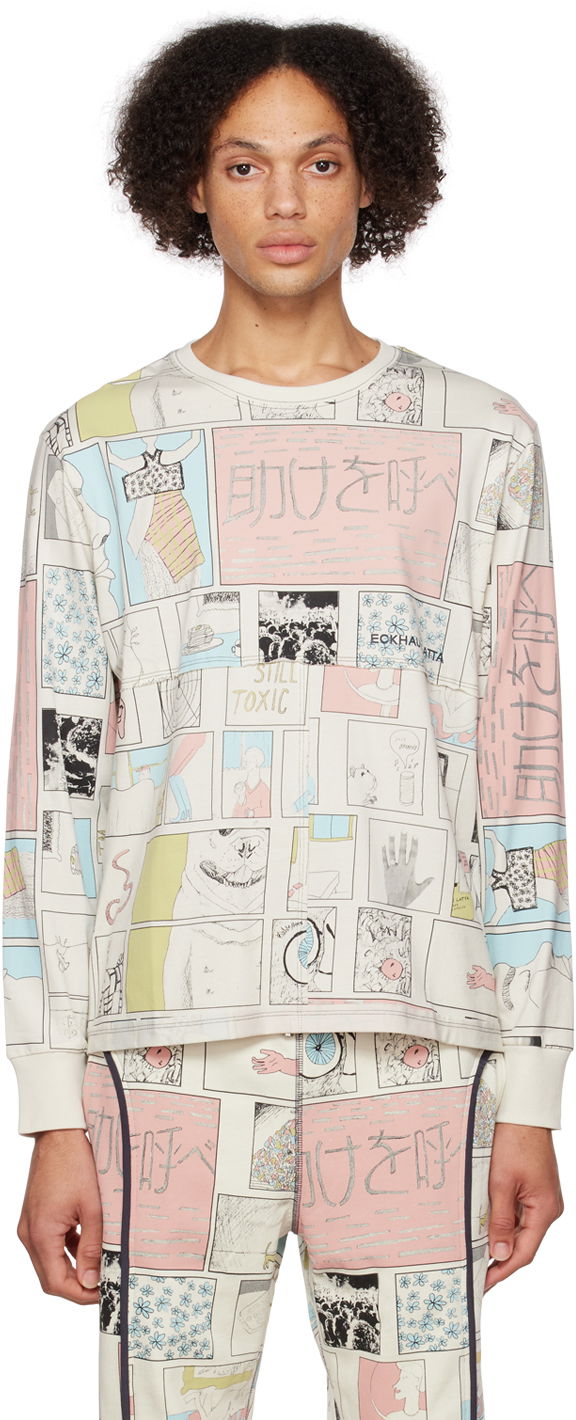 Тениска Eckhaus Latta Graphic Print Long Sleeve T-Shirt Бяло | 302-EL-AW22-C COMIC COMIC