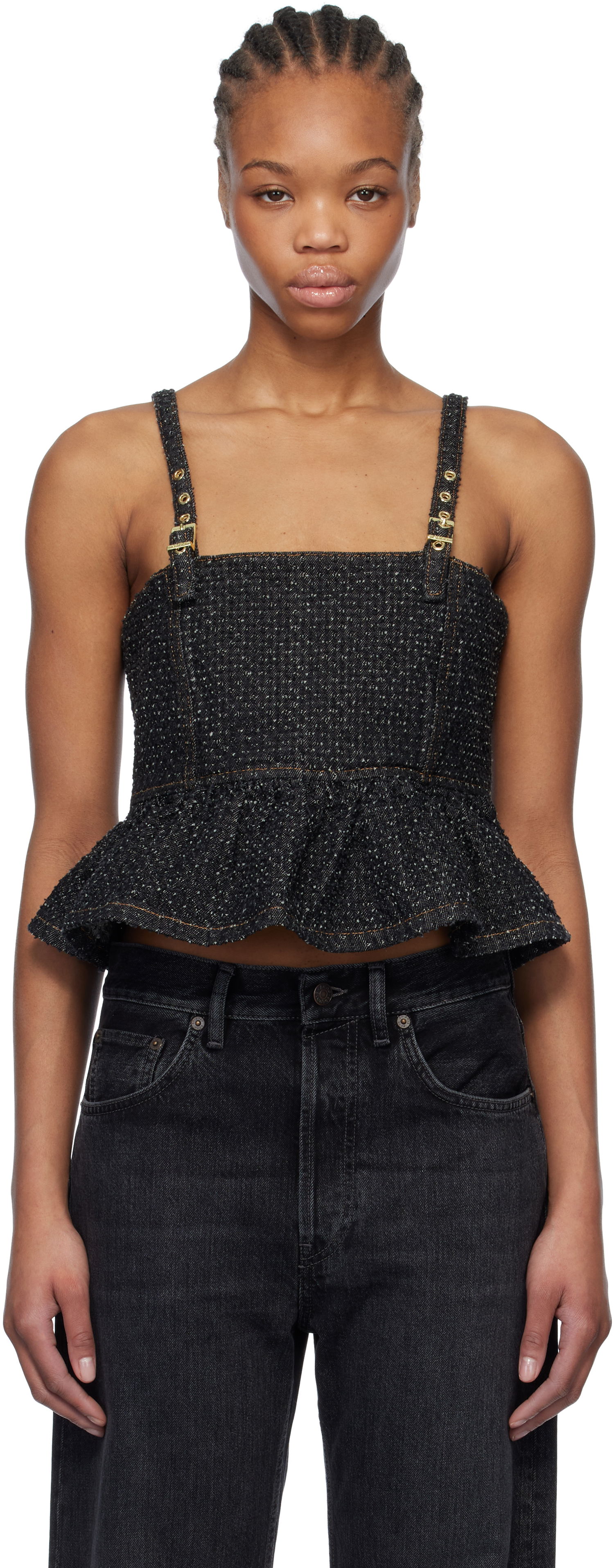 Съкратен топ GANNI Ganni Fluffy Denim Strap Top Черно | J1615, 0