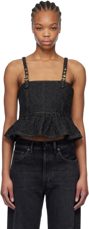Съкратен топ GANNI Ganni Fluffy Denim Strap Top Черно | J1615, 0